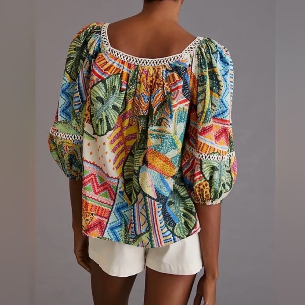 FARM Rio Tropical Print Patterned Lace Inset Peasant Blouse Anthropologie-Sz Sm